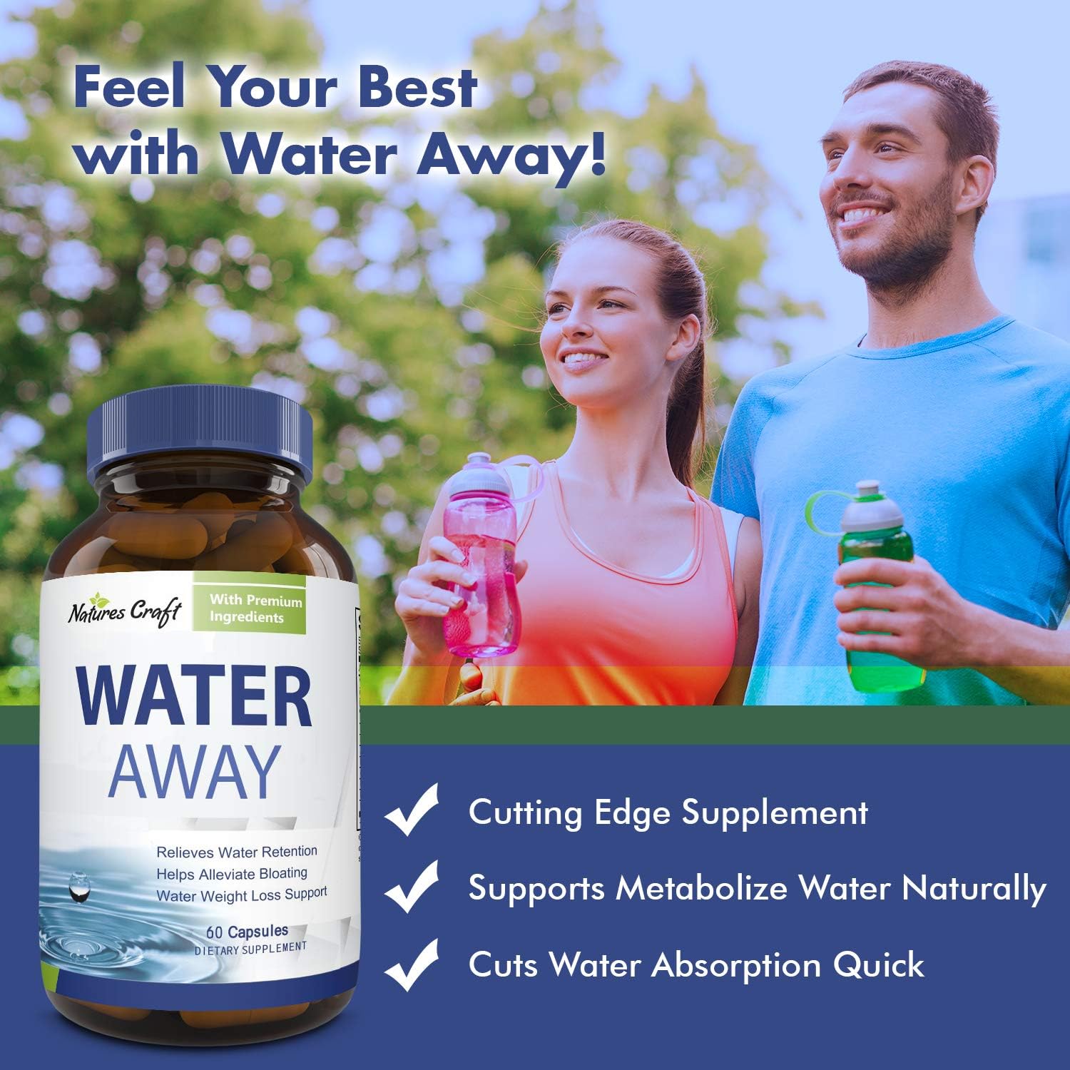 Water Away Diuretic Supplement with Dandelion Leaf – Bloat Relief Pills Weight Loss Relieve Swelling Water Retention – Natural Green Tea Extract Potassium Vitamin B6 for Men & Women: Health & Personal Care