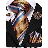 Hi-Tie Mens Tie Set Silk Striped Woven Necktie with Lapel Pin Pocket Square Cufflinks Set for Wedding Party