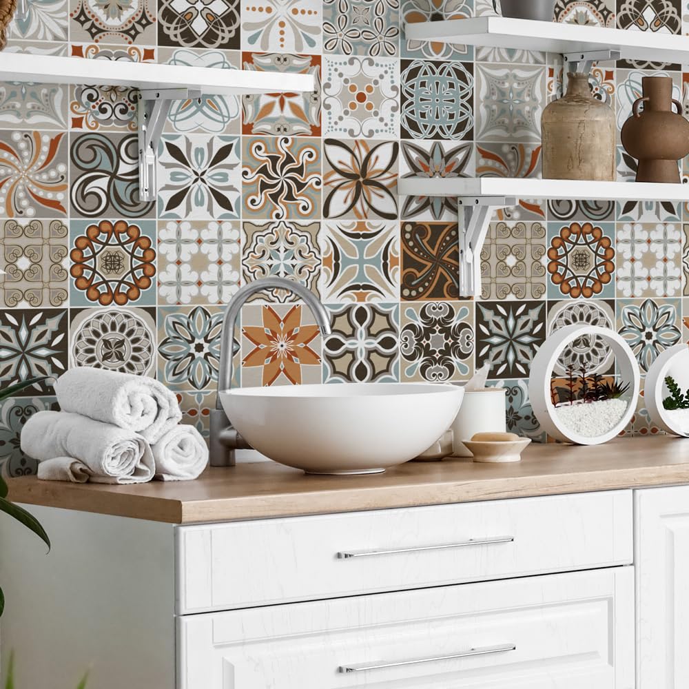 RE-COVERTILES - Tile Stickers for Bathroom and Kitchen 10 Pcs 20x20 cm - PS00009 Wall Decoration in Waterproof PVC Mosaic Tiles Style Azulejos Cement Tiles