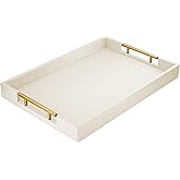 ATZYmolin 17" x 12" Wood Serving Tray with Gold Polished Metal Handles, Home Decorative Wooden Rectangle Ottoman Leather Decor Platter Bathroom Vanity Tray for All Occasions White