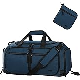 MIER Foldable Duffle Bag with Shoe Compartment 50L Travel Duffel Bags for Men Women Packable Overnight Bag for Camping Gym Weekender, Drak Blue