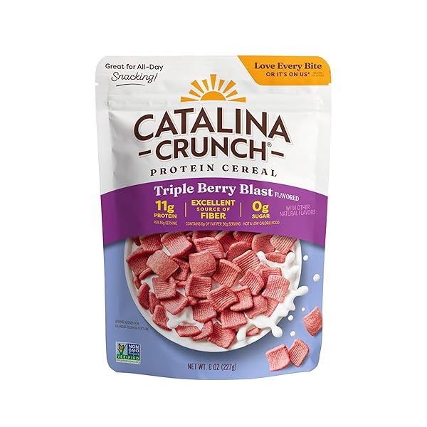 CATALINA CRUNCH PROTEIN CEREAL – SUGAR FREE BREAKFAST CEREAL WITH 11G OF PROTEIN – GLUTEN FREE – TRIPLE BERRY BLAST – 8 OZ. BAG (PACK OF 1), PACKAGING MAY VARY