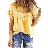 Euaoxnc Womens Summer Tops Crewneck Lace Crochet Short Sleeve Shirts Casual Buttoned-Back Chiffon Blouses