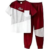 Axumity Tween Boys' 2-Piece Casual Outfit Short Sleeve Crewneck Top & Color Block Pants Clothing Set Size 6-13