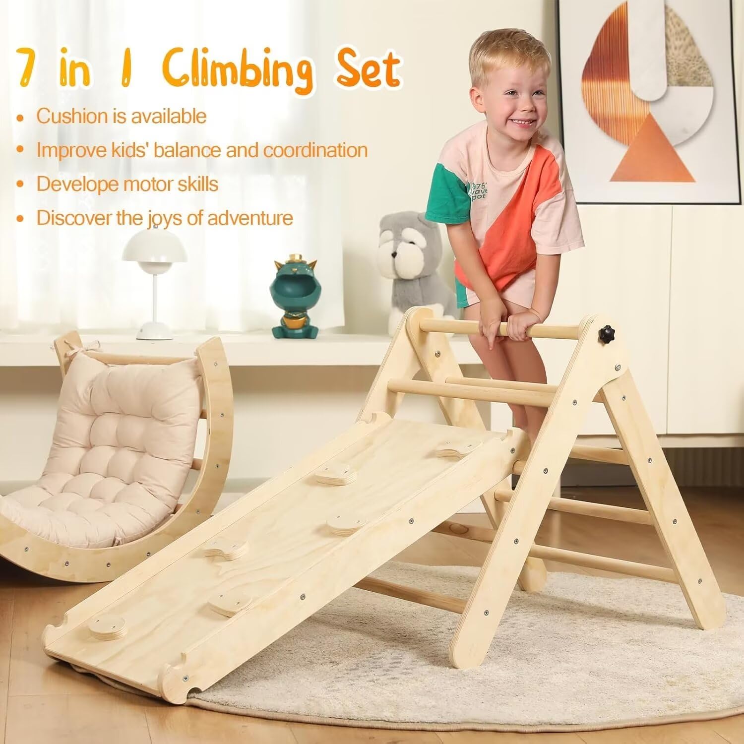 Pikler Triangle Set with Cushion, 7 in 1 Toddler Climbing Toys Indoor, Montessori Foldable Climbing Set, Wooden Climbing Toys for Toddlers Inside with Ramp, Arch and Ladder (Nature Wood)