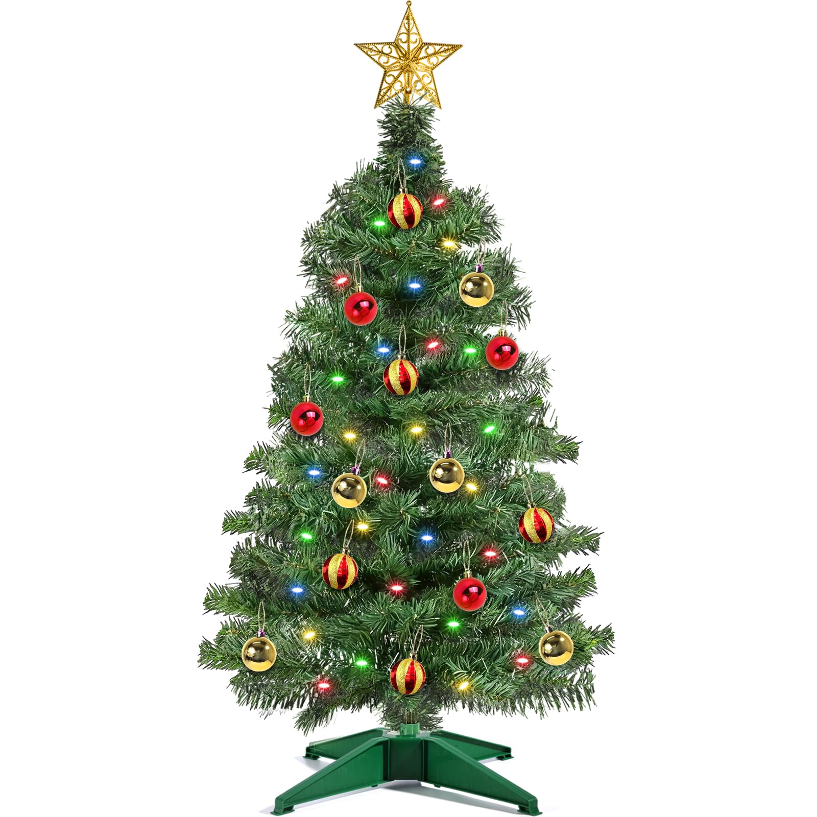 Photo 1 of [ 12 Modes & Remote Control ] 3 Ft Christmas Tree with Timer 50 Four Color LED Lights DIY 15 Ball Ornaments Star Artificial Xmas Tree Indoor Outdoor Home Holiday Decoration (Dark Green)