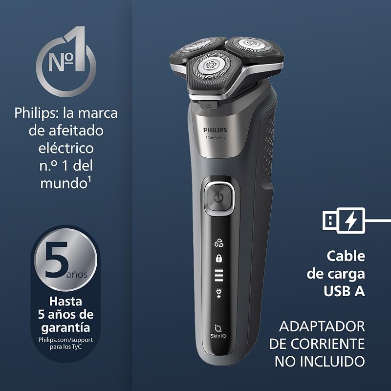 Serie 5000 Afeitadora Eléctrica Hombre, Máquina de Afeitar Barba con Recortadora, 45 cuchillas, Cuida la piel, 60min de uso, En Seco y Húmedo, Recargable, Base Carga, S5887/13, Gris — foto 2 de 7