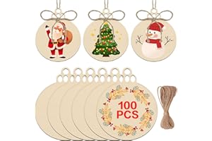 Raweao 100 Pcs Wood Ornaments for Crafts - DIY Natural Wood Slices with 100 Pieces Strings for New Year Christmas Tree Holiday Ornaments