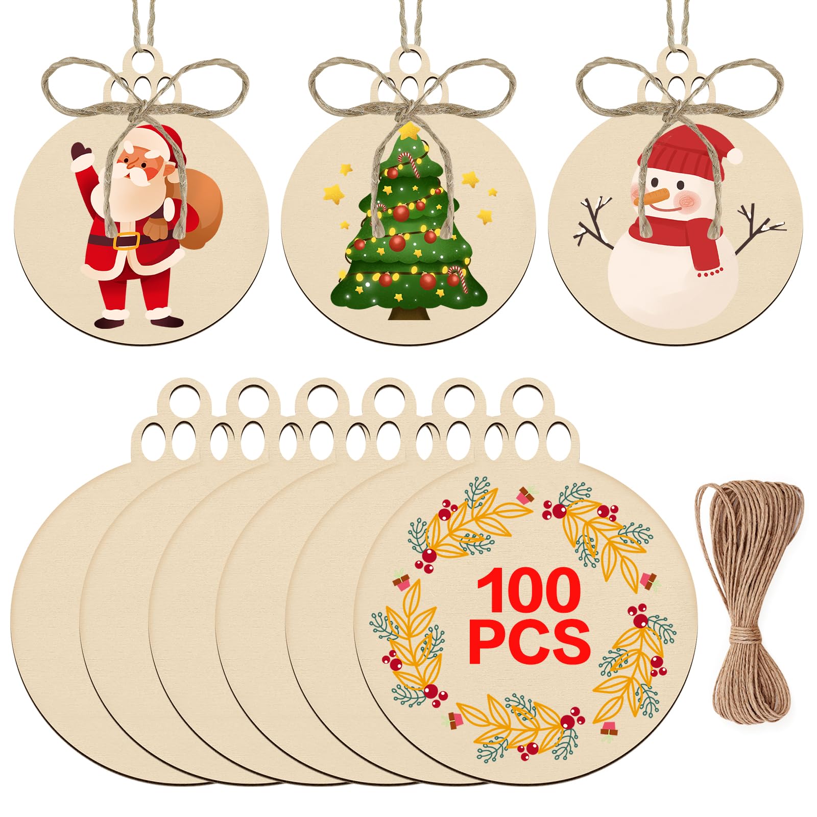 changshengda 100 Pcs Wooden Christmas Decorations - DIY Natural Wood Slices with 100 Pieces Strings for New Year Christmas Tree Holiday Ornaments