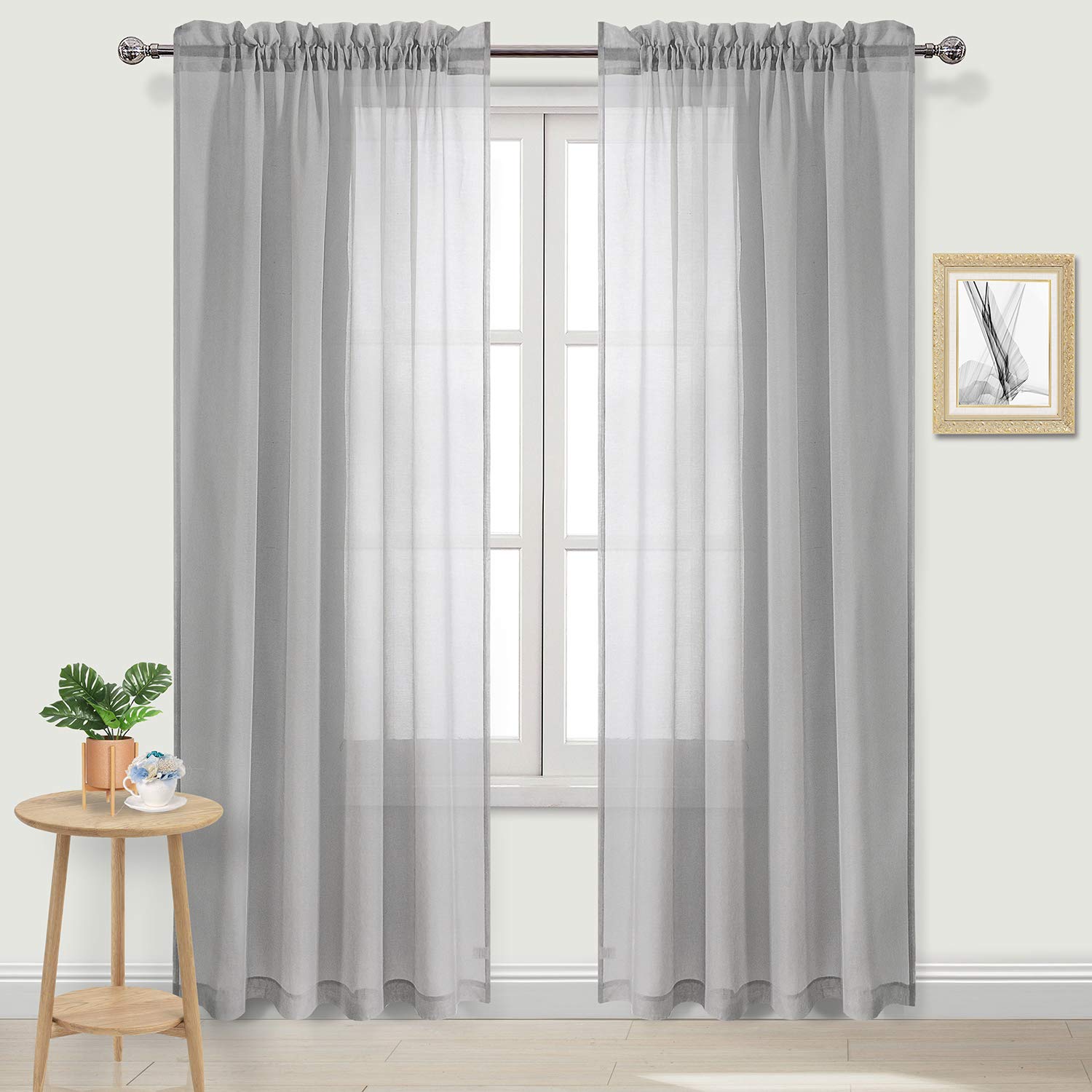 DWCN Grey Sheer Curtains Semi Transparent Voile Rod Pocket Curtains for Bedroom and Living Room, 52 x 84 inches Long, Set of 2 Panels