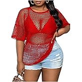 GORGLITTER Women's Plus Size Fishnet Shirt Tops Crochet See Through Short Sleeve Crew Neck Loose Y2K Fish Net Tees Top