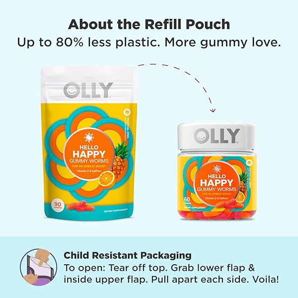 OLLY HELLO HAPPY GUMMY WORMS, MOOD BALANCE SUPPORT, VITAMIN D, SAFFRON, ADULT CHEWABLE SUPPLEMENT, GLUTEN FREE, TROPICAL ZING – 90 COUNT