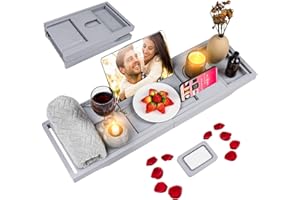 BESHOF Foldable Bathtub Caddy Tray, Bamboo Bath Tub Tray Table for Tub with Wine Glass Holder Book Phone Tablet Holder with Extending Sides, Adjustable Bathroom Bathtub Free Soap Holder Gift Idea (Grey)