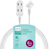 Philips 3-Outlet Flat Plug Extension Cord 6 Ft, Indoor Use, Safety Slide | 2 Prong White, ETL Listed SPS3613W/37