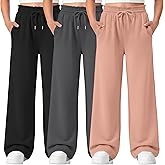 LessonZoo 3 Pack Girls' Sweatpants Straight Wide Leg Kids Drawstring Casual Joggers Teen Loose Athletic Pants with Pockets