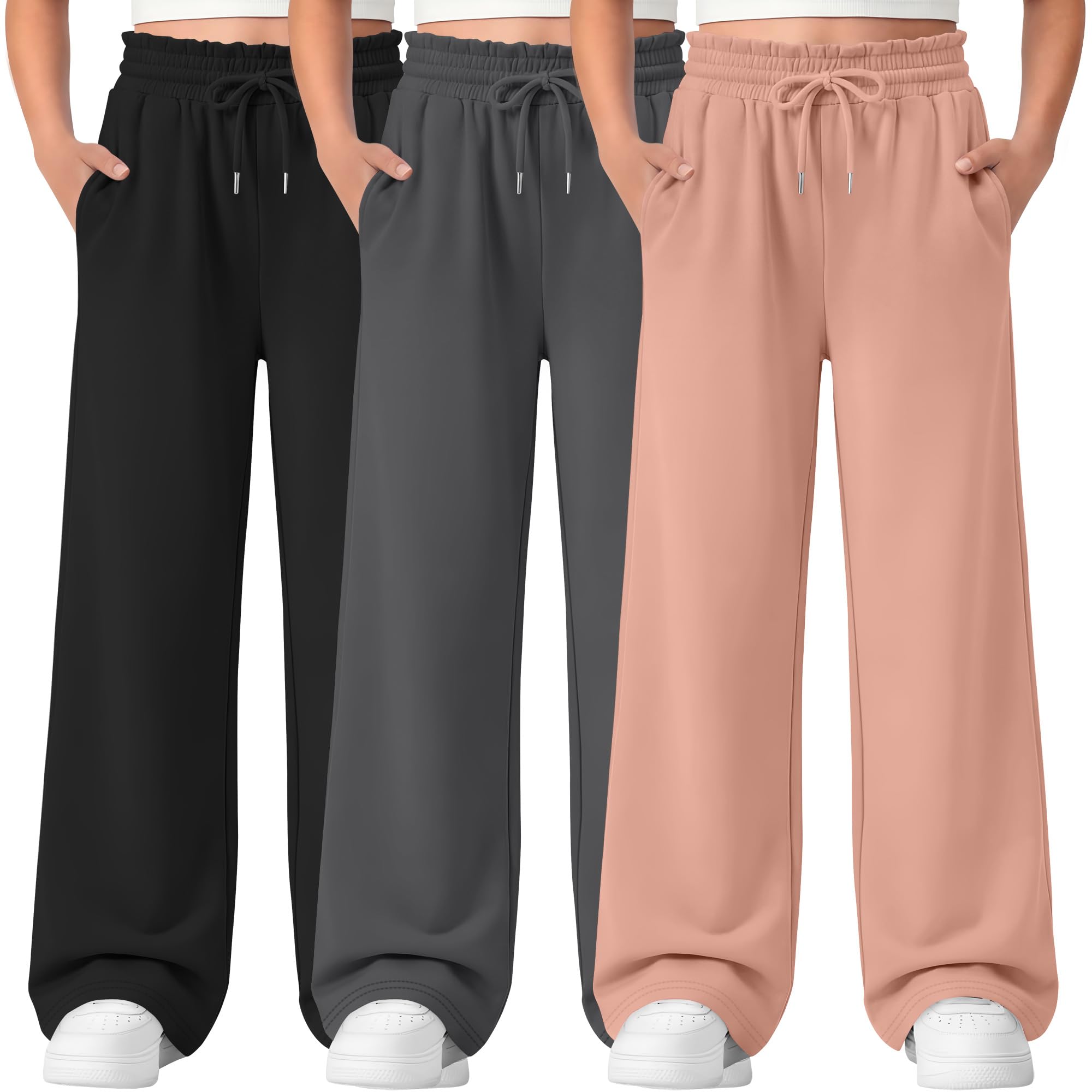 Photo 1 of **MISSING THE PINK SWEATPANTS**LessonZoo 3 Pack Girls' Sweatpants Straight Wide Leg Kids Drawstring Casual Joggers Teen Loose Athletic Pants with Pockets(7-8 Years,Coral Pink, Dark Gray, Black)