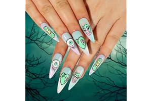 RIICFDD Extra Long Press on Nails Stiletto Halloween Fake Nails Green False Nails Terror Eyes and Green Lips Designs Full Cover Stick on Nails Nails for Women 24Pcs