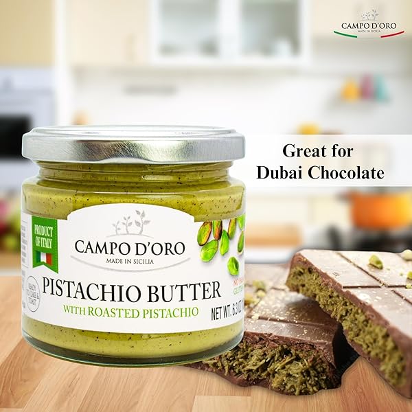 CAMPO D’ORO – PISTACHIO BUTTER SWEET SPREADABLE CREAM, 6.3 OZ (180G), RICH & NUTTY FOR KNAFEH PISTACHIO DUBAI CHOCOLATE BARS