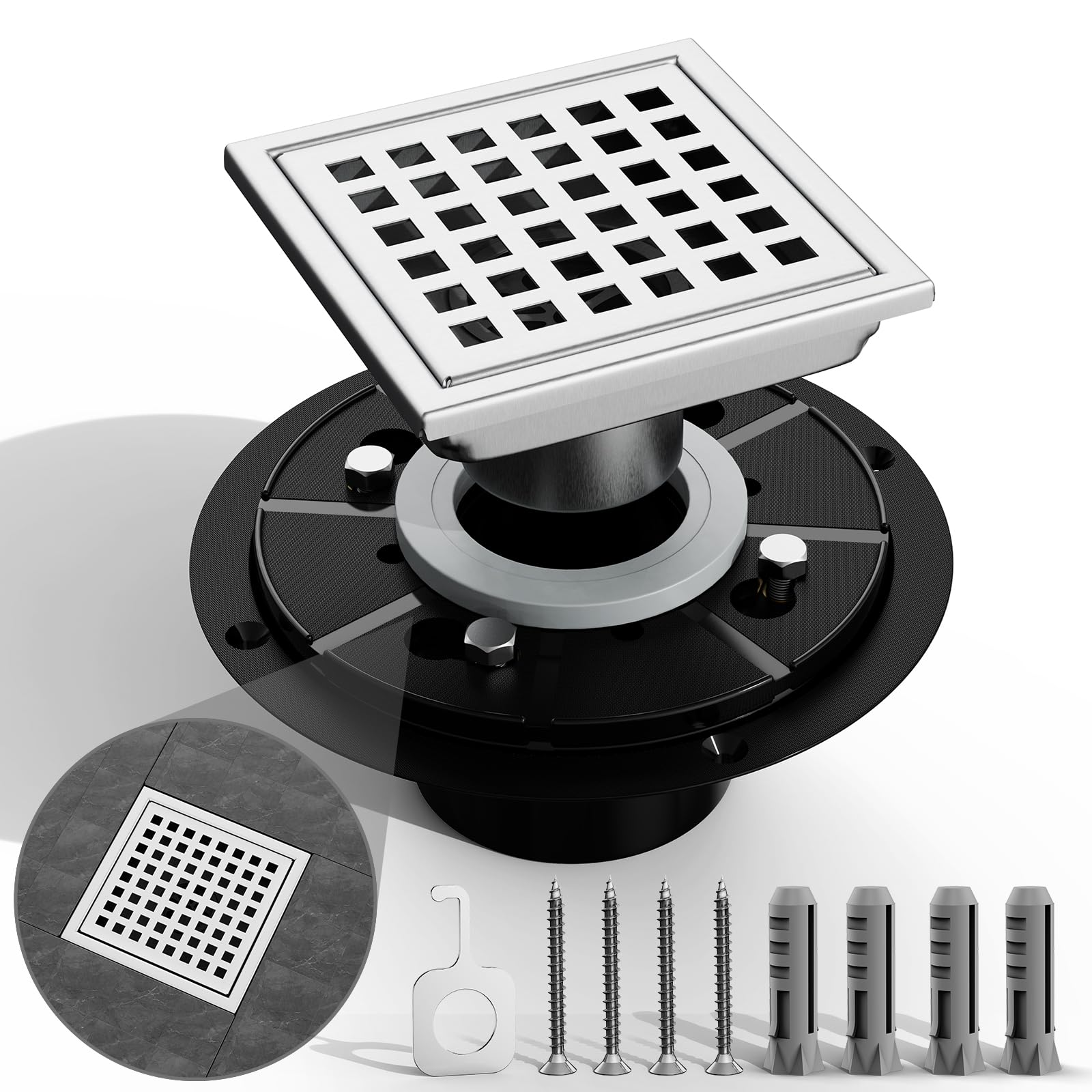 Photo 1 of 4 Inch Square Shower Drain with Flange,Brushed Nickel Shower Drain SUS 304 Stainless Steel Shower Floor Drain,Grid Quadrato Modern Bathroom Drain for Shower