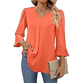 Funlingo Womens 3/4 Length Sleeve Tops Dressy Casual V Neck Business Chiffon Blouses Pleated Trendy Work Shirts