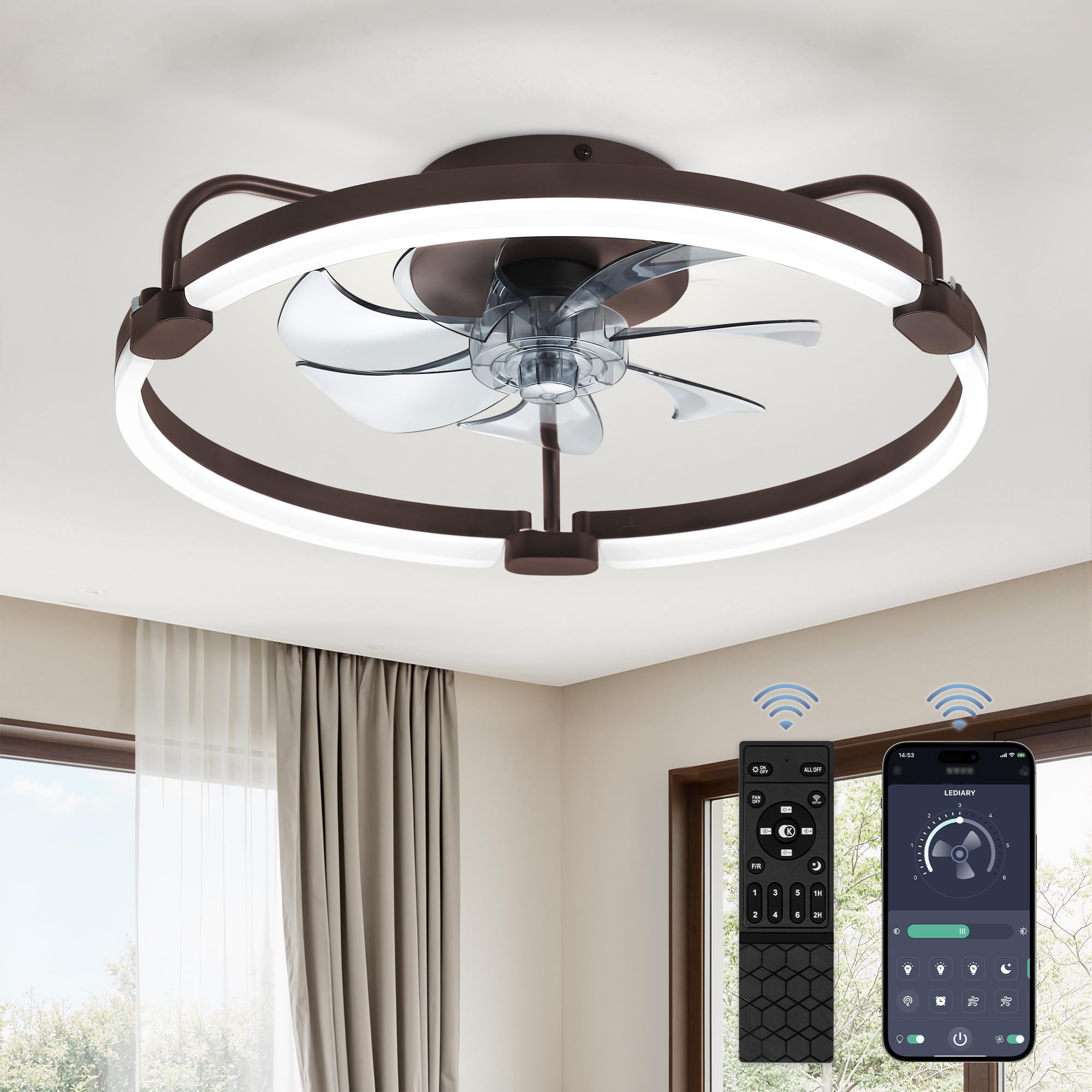 LEDIARY Ceiling Fans with Lights and Remote, 20'' Low Profile Ceiling Fan with Light, 3000-6000K Dimmable Fandelier LED Fan Light, 6 Wind Speeds, Brown Modern Flush Mount Ceiling Fan for Bedroom Image