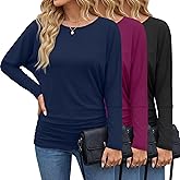 Velvelhall 3 Pack Women's Dolman Sleeve Tops Casual Long Sleeve Flowy Side Ruched Shirts Round Neck Bat Wing Draped Basic Tee