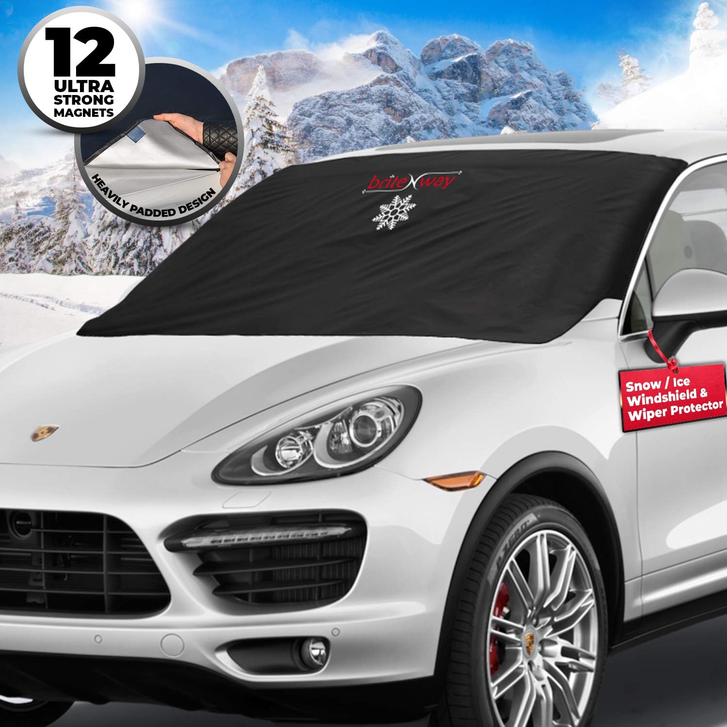 BRITENWAY Windshield Cover for Ice and Snow - Wiper Protector - Non Scratch Magnetic - Sturdy - Heavy Duty Material - Self Storage Pouch - Keep Your Vehicle Exterior Ice Free and Clean
