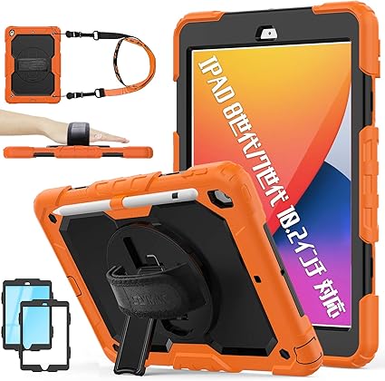 Amazon Seymac Stock Ipad 第8世代 第7世代 ケース 耐衝撃 頑丈三層鎧 落とす保護 ケース 内蔵保護フィルム ペン収納 360 回転スタンド 360度回転握り方 調節可能 柔らかい 丈夫 ハンドストラップ 防塵 多機能 実用 強い衝撃保護性能 子供 快適