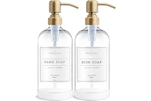 Vine Creations Clear Glass Soap Dispenser, 2 Pack Kitchen Soap Dispenser Set with Stainless Steel Pump, 16 oz Dish Soap and Hand Soap Dispensers for Bathroom with Waterproof Labels