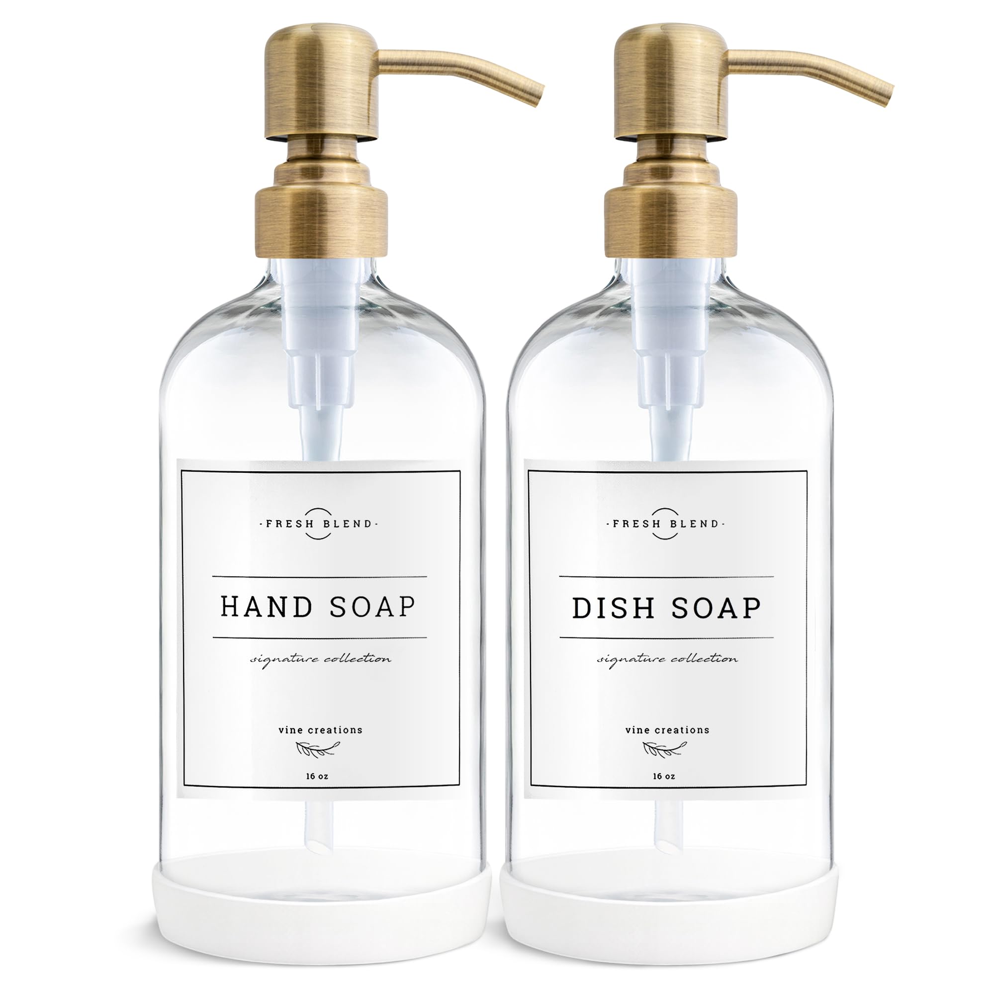 Photo 1 of Vine Creations Clear Glass Soap Dispenser, 2 Pack Kitchen Soap Dispenser Set with Stainless Steel Pump, 16 oz Dish Soap and Hand Soap Dispensers for Bathroom with Waterproof Labels