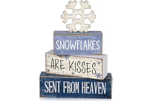 Lineshading 4 Pcs Winter Table Decorations Blue and White Wooden Snowflake Tiered Tray Decor Rustic Snow Block Signs Gift Farmhouse Christmas Centerpiece for Winter Wonderland Party Home Kitchen