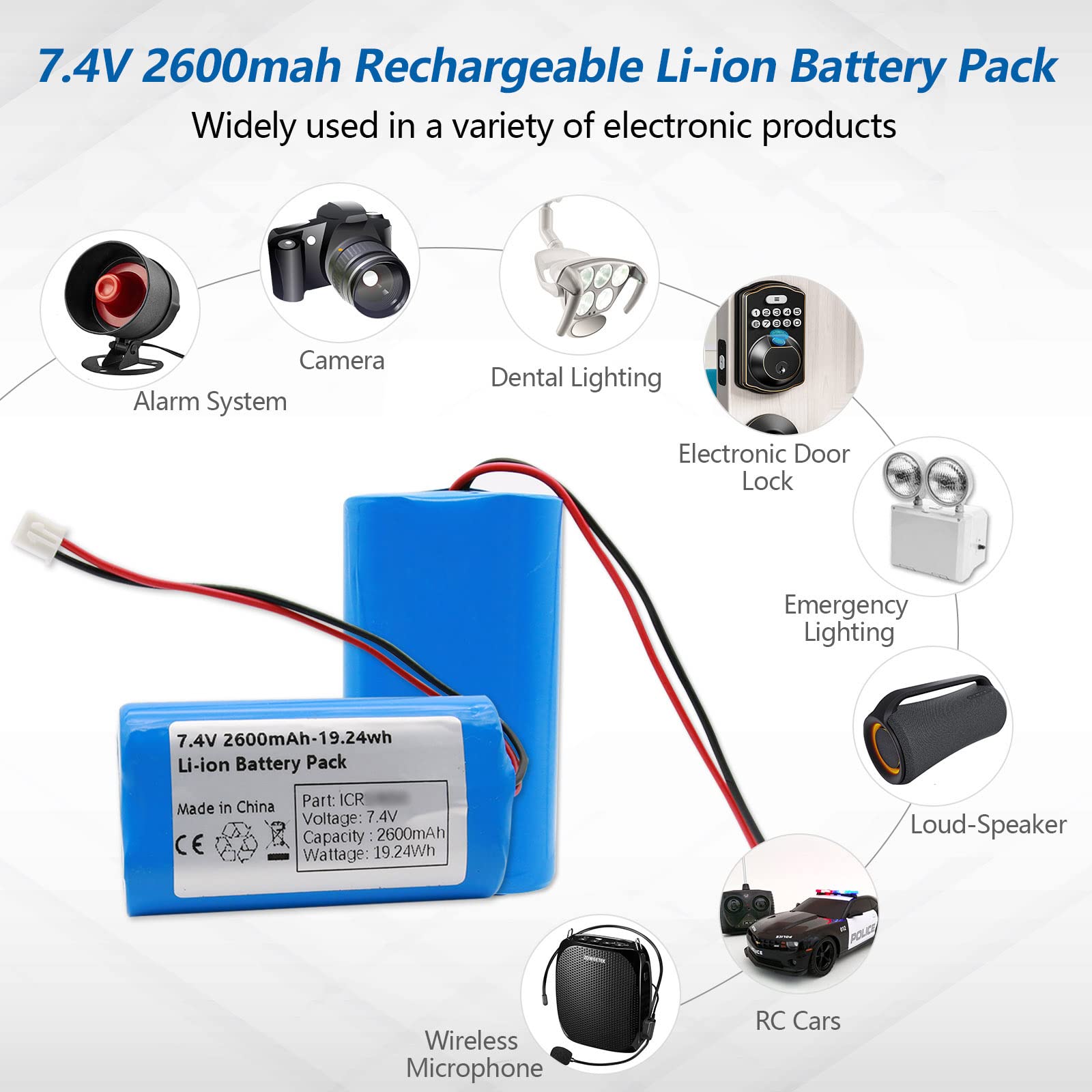 7.4V 2600mah-19.24Wh Rechargeable Li-ion Battery Pack, Replacement Batteries with XH2.54-2P Connector, for DIY Electronics Products, Toys, Lighting, Equipment