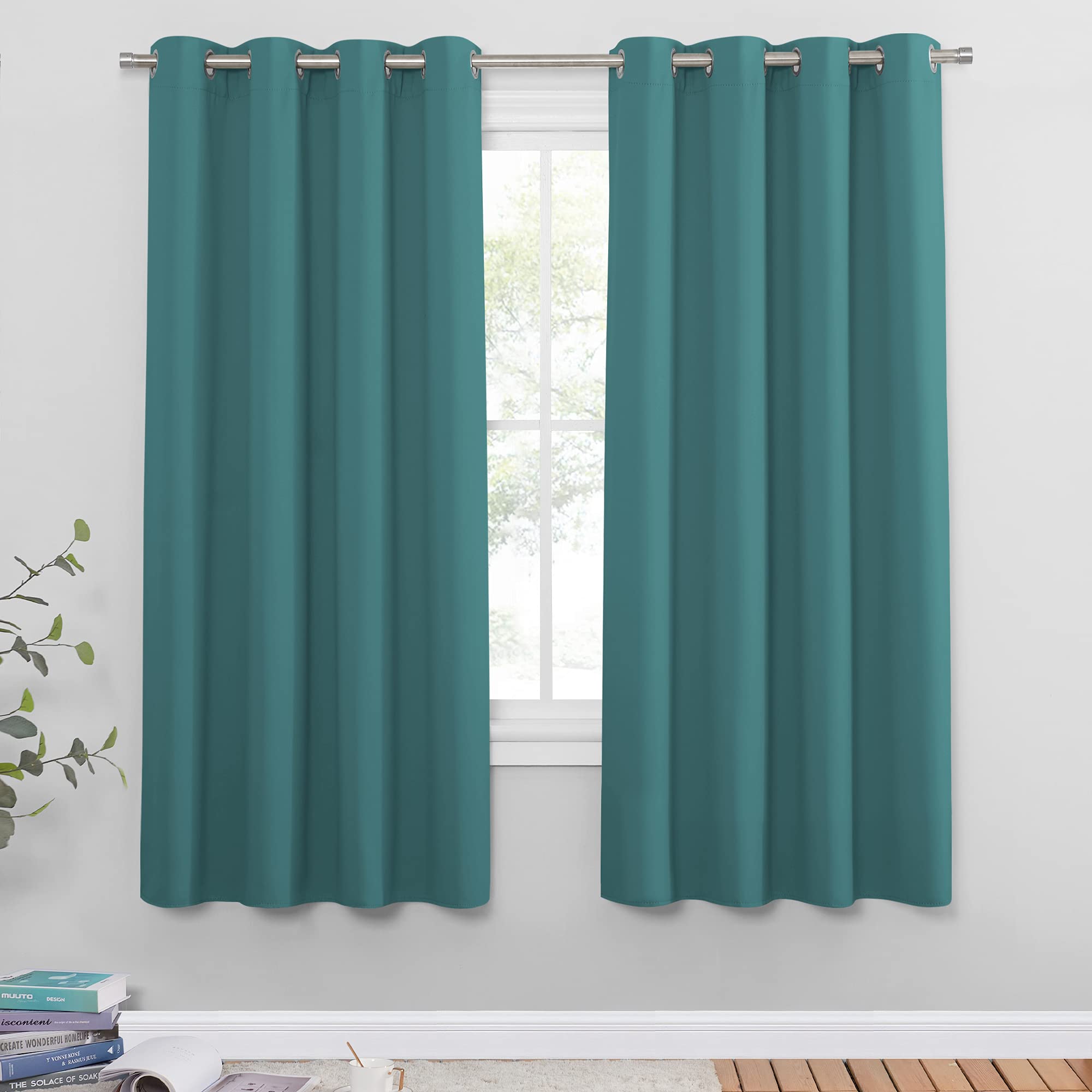 PONY DANCE Eyelet Blackout Curtains - Thermal Insulatd 54 inch Drop Curtains for Living Room Small Bay Window Light Block Drapes Set for Bedroom, 2 Pieces, W 46 inch x L 54 inch, Sea Teal