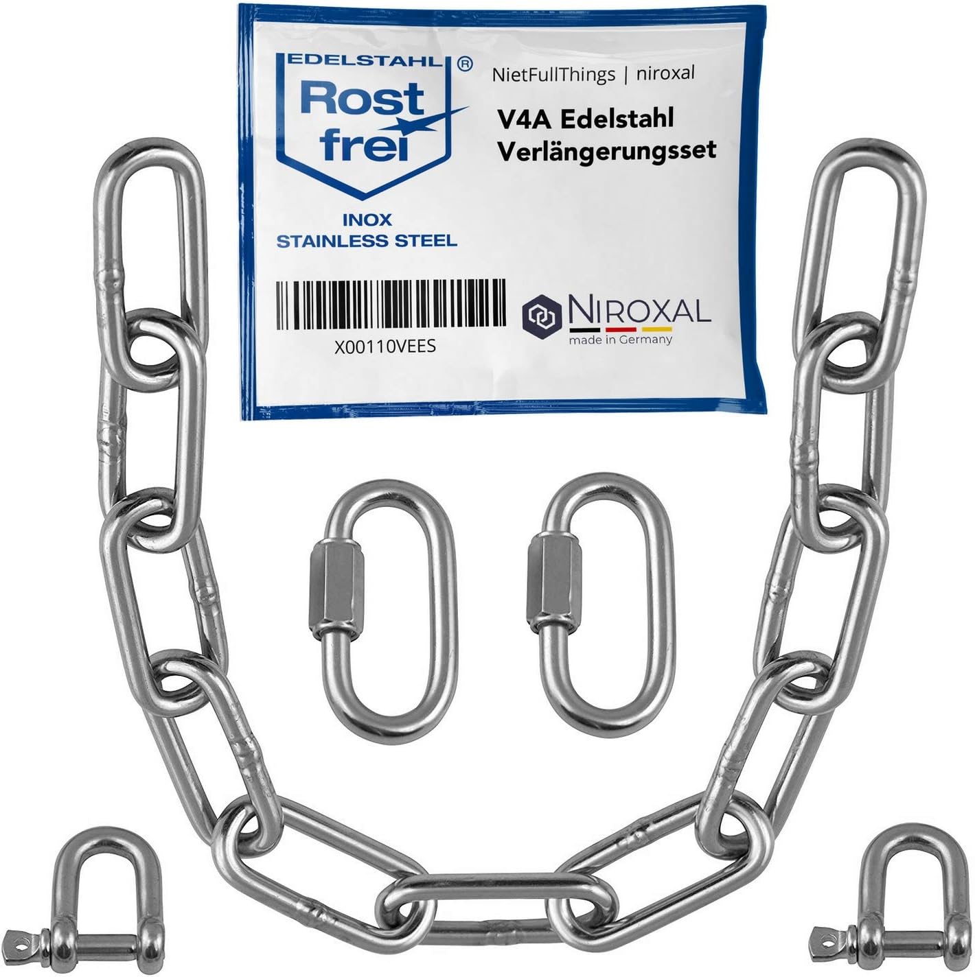 50-cm = 0,5-Meter 5-mm starke Verlaengerungs-Kette aus Edelstahl Bruchlast max 900 kg mit Schaekel Schraub-Verbinder aus V4A Befestigungs-Set Aufhaengung von Boxsack Haengematte Haengesessel