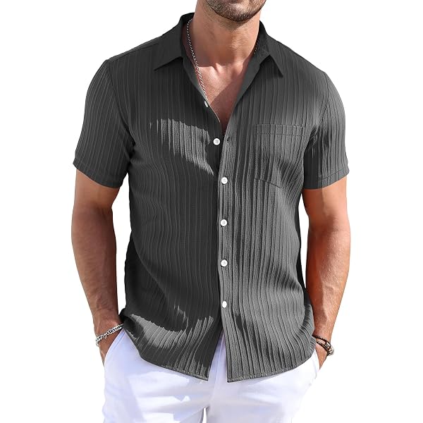 Men's Guayabera Cuban Shirt - Short Sleeve Button Down, Light Grey, Medium, 4 Pockets, Relaxed Fit - View #14