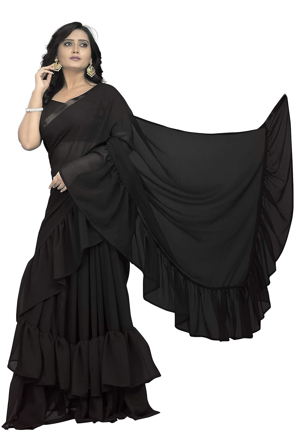 jaanvi fashion women's ruffle georgette saree (frill-saree-ruffle)