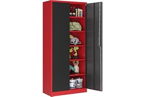 LISSIMO Metal Storage Cabinet with Lock,71 Inch Garage Cabinet with 2 Doors and 5 Adjustable Shelves,Steel Storage Cabinets for Garage,Home Office,Pantry,School(Red & Black)