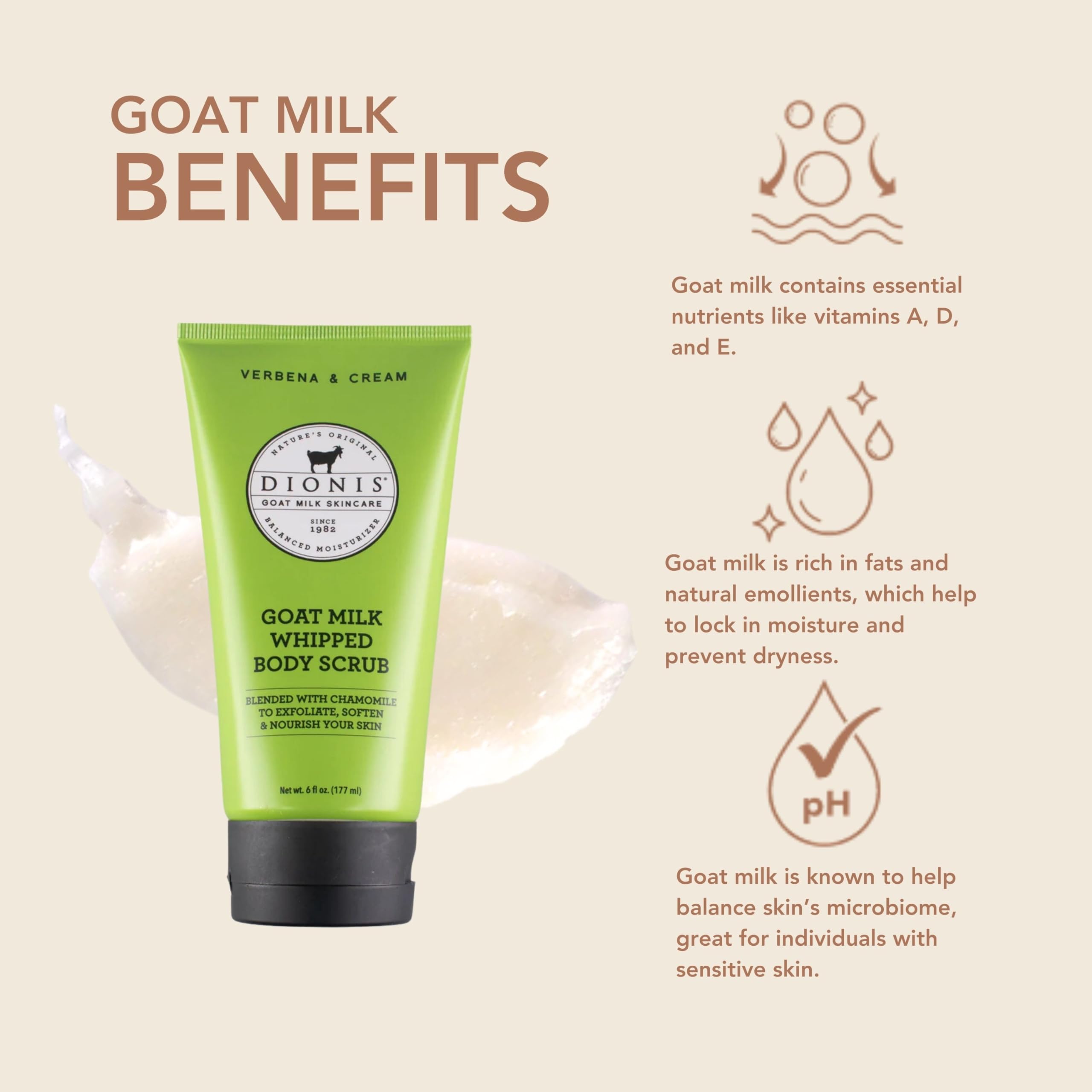 Dionis - Goat Milk Skincare Scented Whipped Body Scrubs - Intensely Hydrating Exfoliating Wash for Softer, Smoother Skin, Made in the USA - Cruelty Free and Paraben Free, Verbena & Cream, 6oz