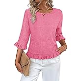Urchics Womens Ruffle 3/4 Sleeve Tops Casual Linen Blouses Crew Neck Drop Shoulder Dressy Shirts Fall Outfits Pink M