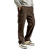 PLEPAN Men's Cargo Corduroy Straight Leg Pants Regular Fit Casual Pants with Pockets Elastic Waist Drawstring Sweatpants
