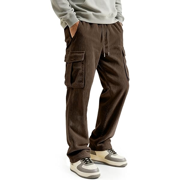 Suwangi Men's Baggy Cargo Corduroy Pants Casual Drawstring Elastic