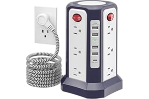 PASSUS Tower Power Bar Surge Protector with PD 20W USB C,12 AC Multiple Outlet and 5 USB(1 USB C) Ports, 6 FT Braided Extensi