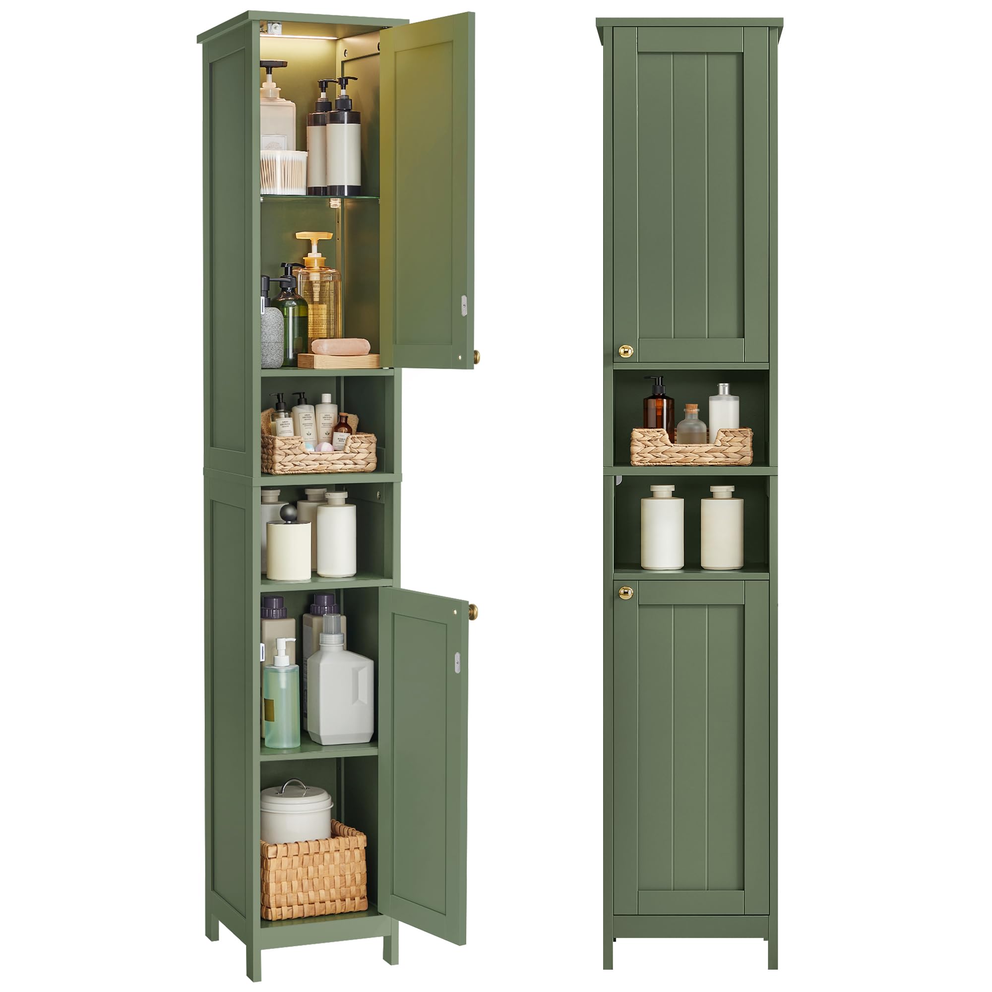 VASAGLE Tall Storage Cabinet with Lights, Slim Freestanding Cabinet with Adjustable Shelves, for Small Spaces, Bathroom, Living Room, Modern, 11.8 Inches Wide, Forest Green UBBC566C01 Image