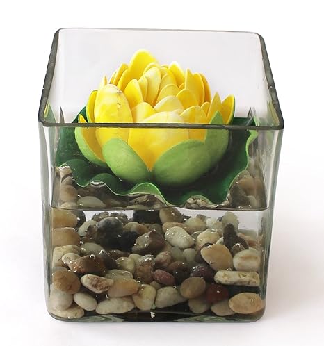 Tied Ribbons Square Glass Vessel with Faux Lotus and Natural Stones (12 cm x 12 cm x 12 cm), Multicolour