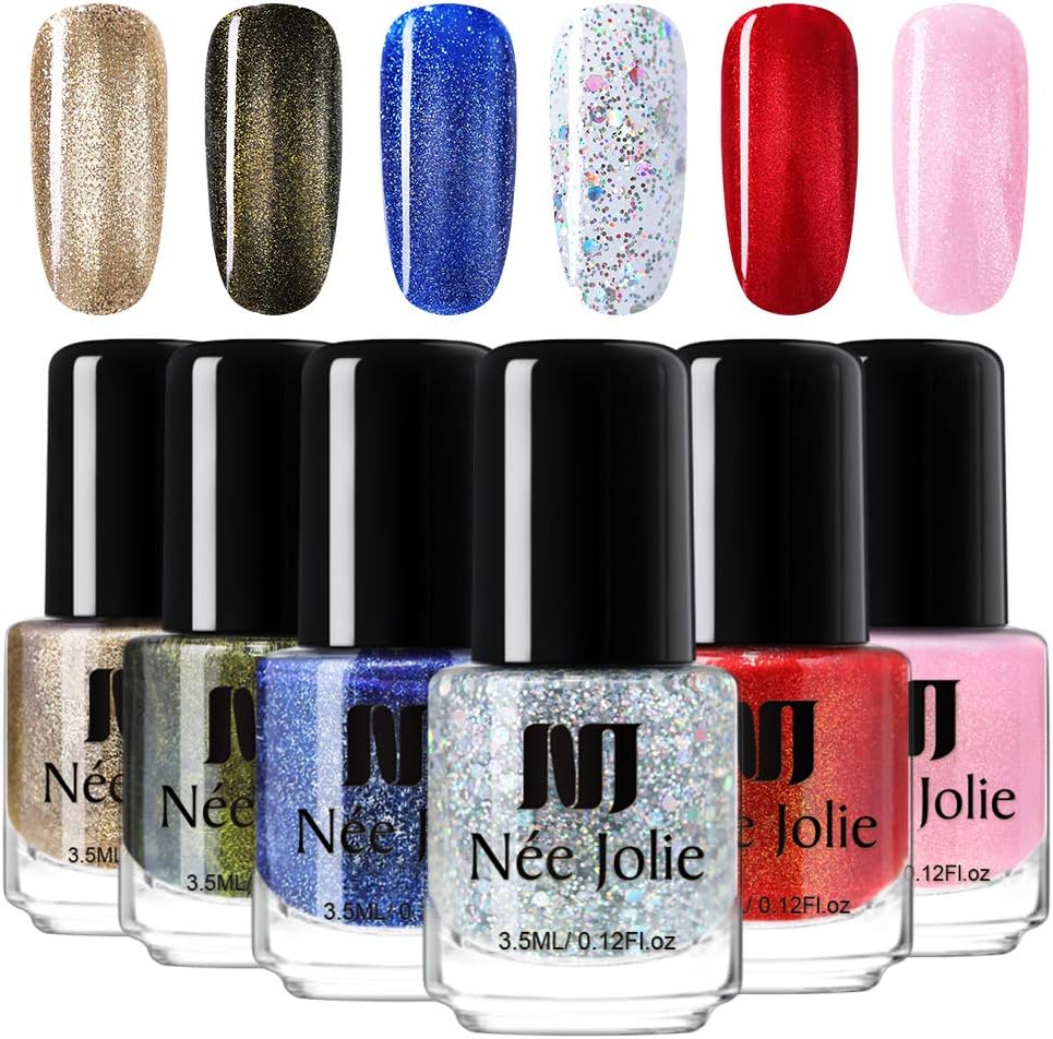NEE JOLIE 6 Bottles Glitter Nail Polish Set Shining Colour Shimmered Manicure Varnish Polish
