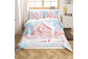 Manfei Christmas Kids Duvet Cover Set King Size, Cute Xmas Cabin Trees Bedding Set for Boys Girls Room Decor, New Year Theme Comforter Cover, Lightweight Bedspread Cover, 2 Pillowcases, No Comforter
