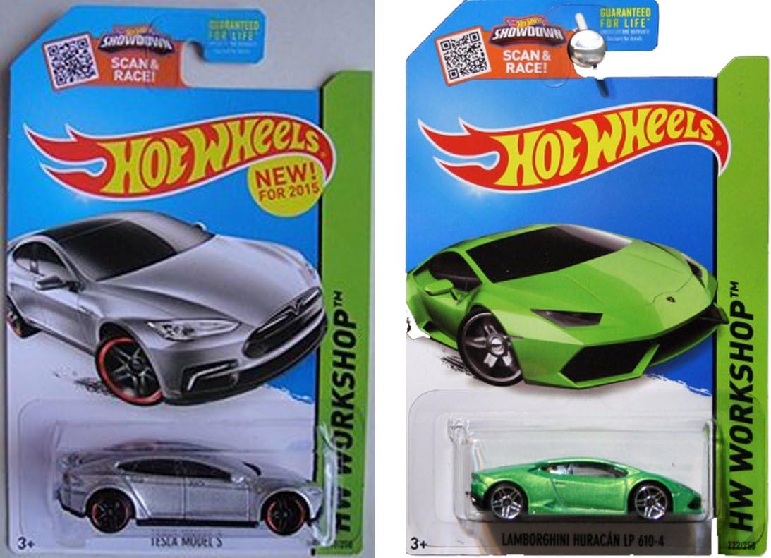 2015 Hot Wheels Tesla Model S & Green Lamborghini Huracan 2-car set