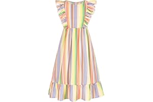 GRACE KARIN Girls Dress Ruffle Sleeve Striped Floral Spring Summer Dress for Kids 6-14Y