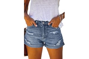 Metietila Women's Casual High Waisted Ripped Denim Shorts Folded Hem Stretch Jeans Shorts