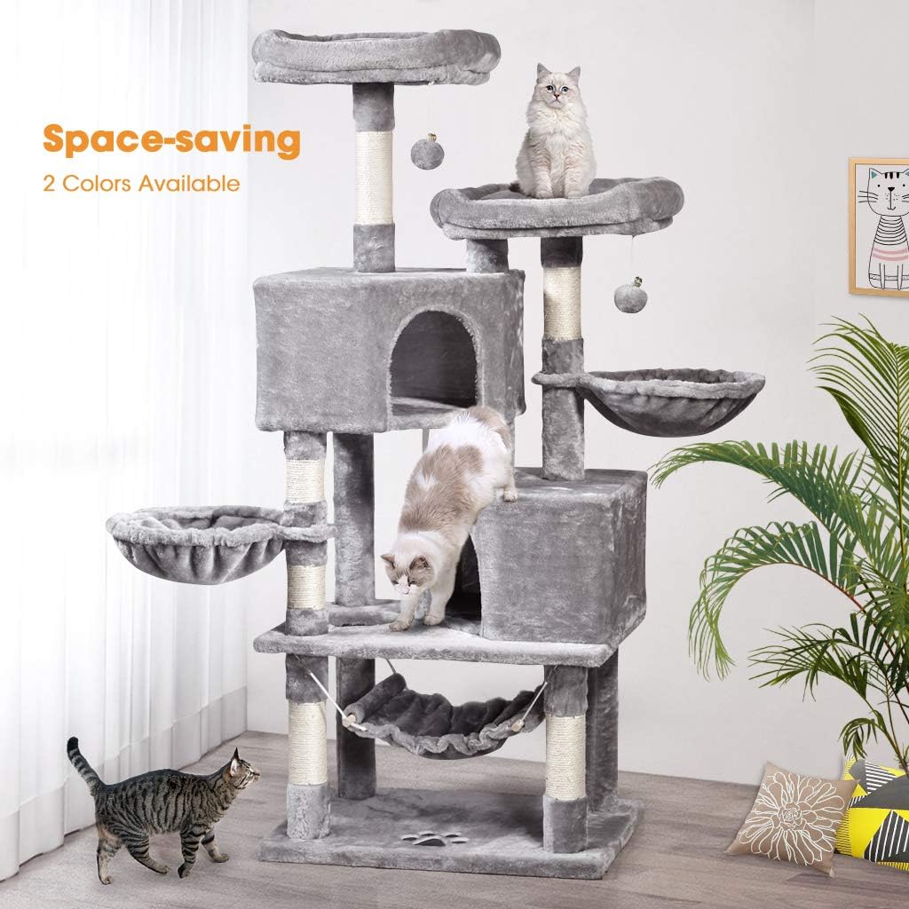 Multi-Level Cat Tree, MQ Cat Tower 57'' with Sisal-Covered Scratching Posts Cat Activity Center Play Furniture, Dual Plush Perch, Dual Cat House Condo & Basket, Removable Hammock for Kittens Large Cat : Pet Supplies